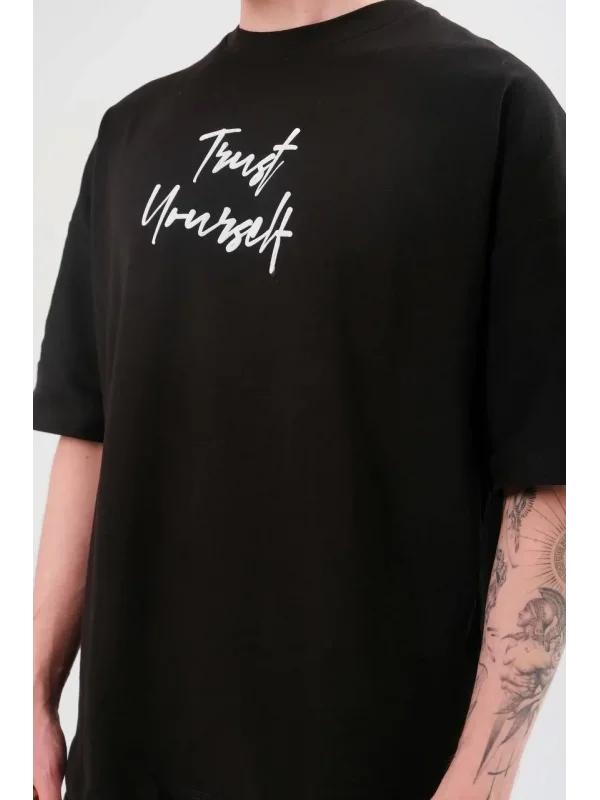 Lushiowear Erkek Kısa Kol Yazlık Tişört Bisiklet Yaka Baskılı Oversize T-Shirt -  Siyah