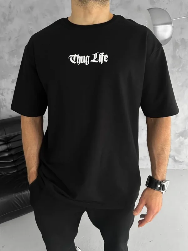Lushiowear Erkek Kısa Kol Yazlık Tişört Bisiklet Yaka Baskılı Oversize T-Shirt - Siyah