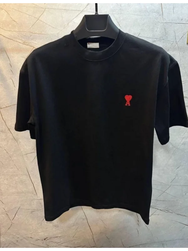 Lushiowear Erkek Kısa Kol Tişört Bisiklet Yaka KALP Baskılı Oversize T-Shirt - Siyah
