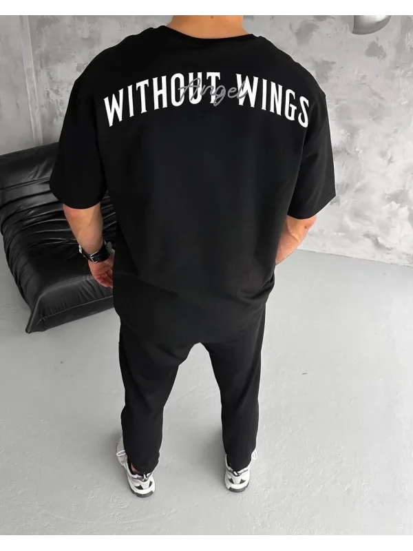 Lushiowear Erkek Kısa Kol Yazlık Tişört Bisiklet Yaka Baskılı Oversize T-Shirt - Siyah