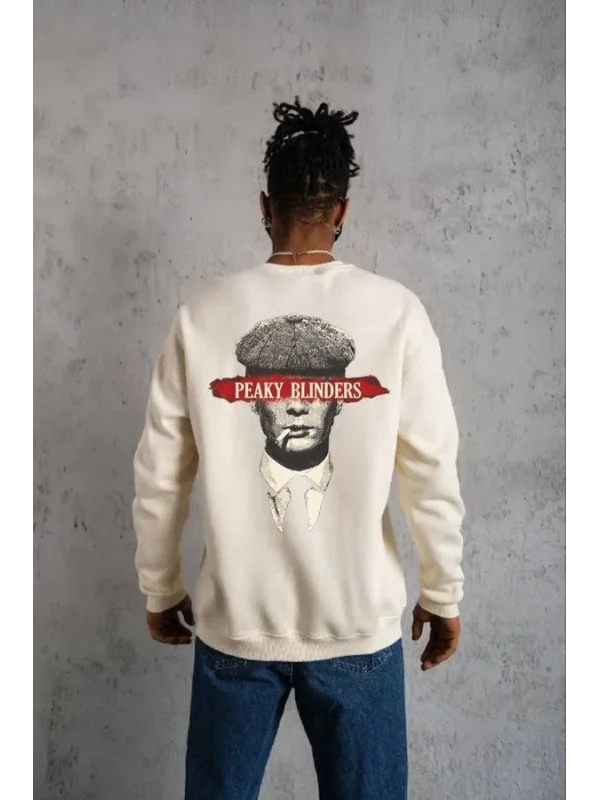 Lushiowear ERKEK 3 İplik Pamuklu Bisiklet Yaka Baskılı Oversize Sweatshirt - Beyaz