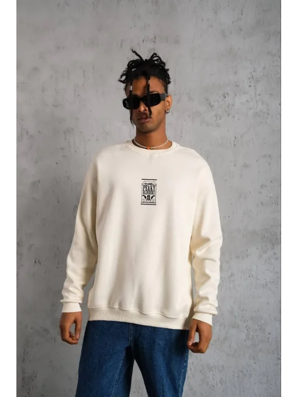 Lushiowear ERKEK 3 İplik Pamuklu Bisiklet Yaka Baskılı Oversize Sweatshirt - Beyaz