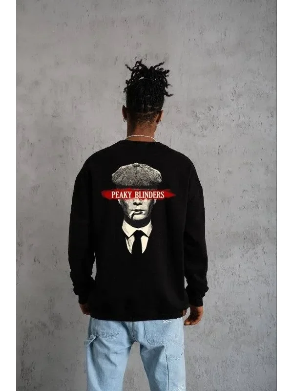 Lushiowear ERKEK 3 İplik Pamuklu Bisiklet Yaka Baskılı Oversize Sweatshirt - Siyah