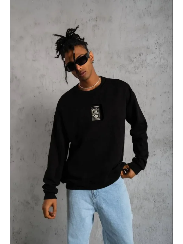 Lushiowear ERKEK 3 İplik Pamuklu Bisiklet Yaka Baskılı Oversize Sweatshirt - Siyah