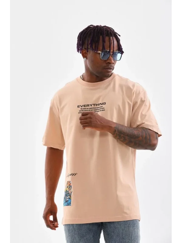 Lushiowear Erkek  Bisiklet Yaka Baskılı Oversize T-Shirt - Bej