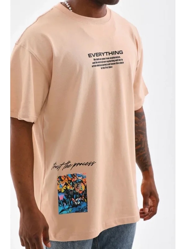 Lushiowear Erkek  Bisiklet Yaka Baskılı Oversize T-Shirt - Bej
