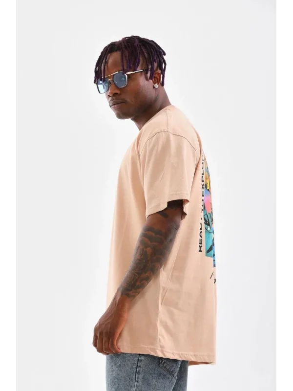 Lushiowear Erkek  Bisiklet Yaka Baskılı Oversize T-Shirt - Bej