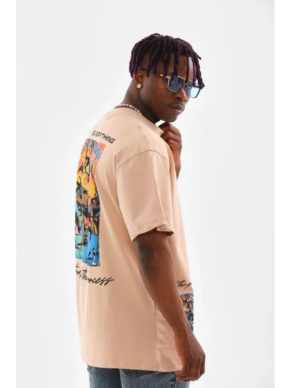 Lushiowear Erkek  Bisiklet Yaka Baskılı Oversize T-Shirt - Bej