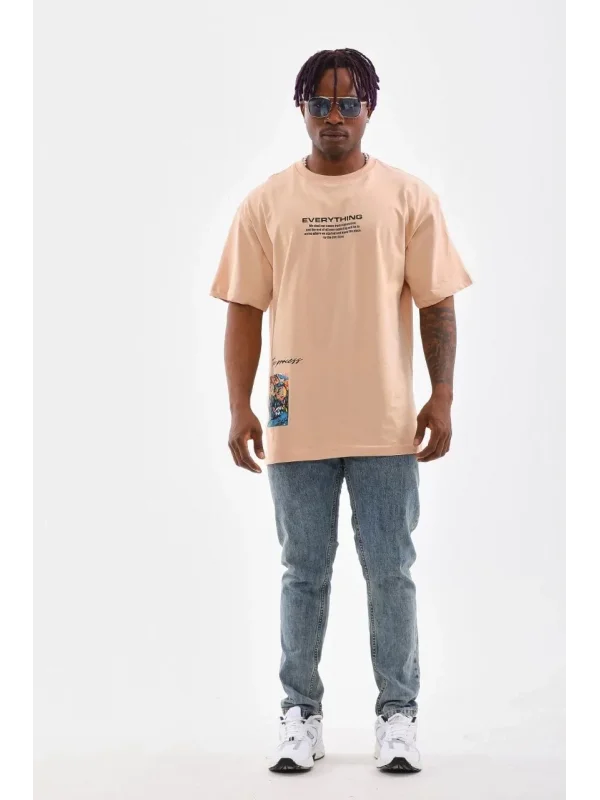 Lushiowear Erkek  Bisiklet Yaka Baskılı Oversize T-Shirt - Bej