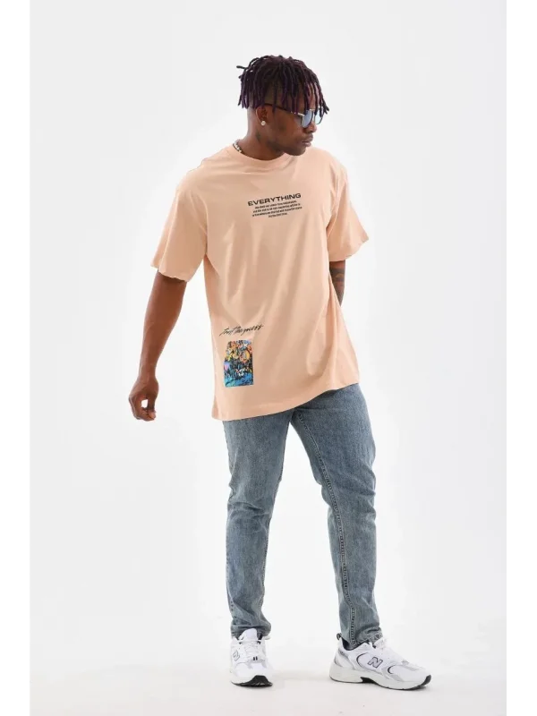 Lushiowear Erkek  Bisiklet Yaka Baskılı Oversize T-Shirt - Bej