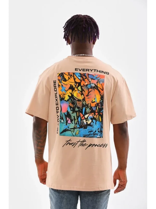 Lushiowear Erkek  Bisiklet Yaka Baskılı Oversize T-Shirt - Bej