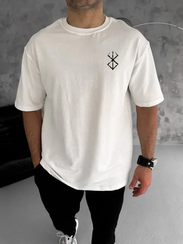 Lushiowear Erkek Kısa Kol Yazlık Tişört Bisiklet Yaka Baskılı Oversize T-Shirt - Beyaz
