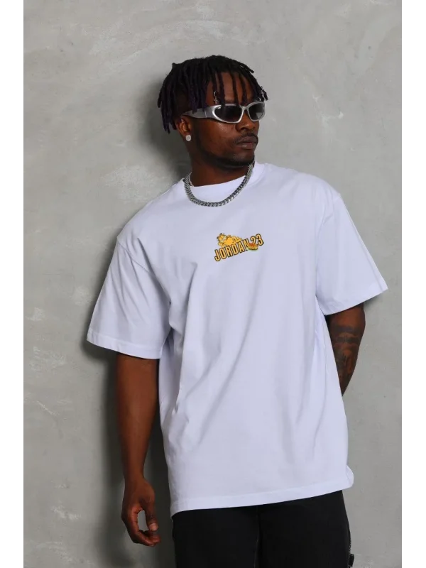 Lushiowear Erkek Kısa Kol Yazlık Tişört Bisiklet Yaka Baskılı Oversize T-Shirt - Beyaz