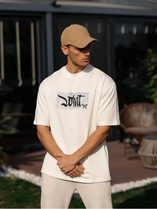 Lushiowear Erkek Kısa Kol Yazlık Tişört Bisiklet Yaka Baskılı Oversize T-Shirt - Beyaz