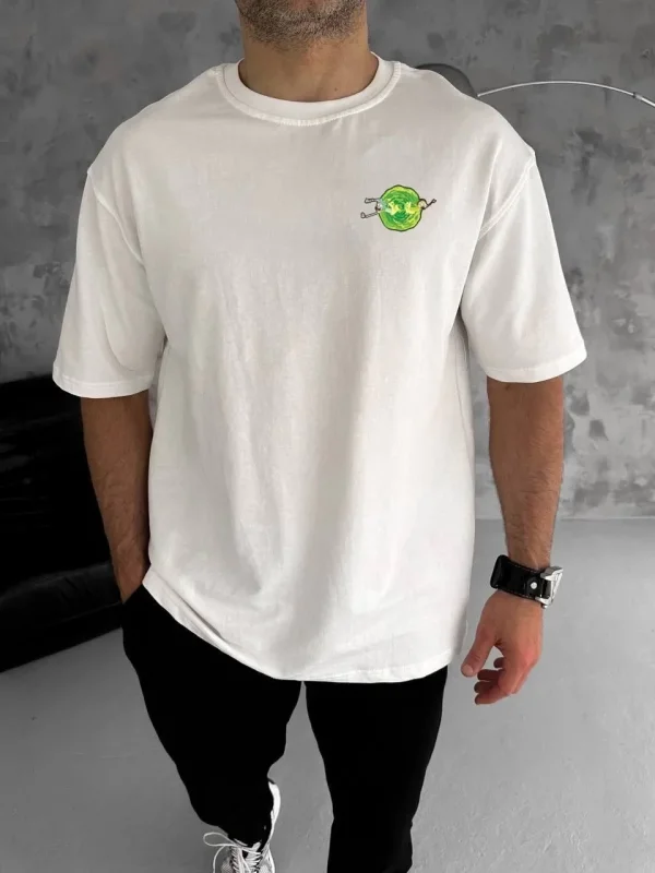 Lushiowear Erkek Kısa Kol Tişört Bisiklet Yaka RİCK AND MORTY Baskılı T-Shirt - Beyaz