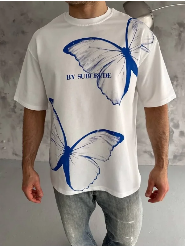 Lushiowear Erkek Kısa Kol Yazlık Tişört Bisiklet Yaka Baskılı Oversize T-Shirt - Beyaz