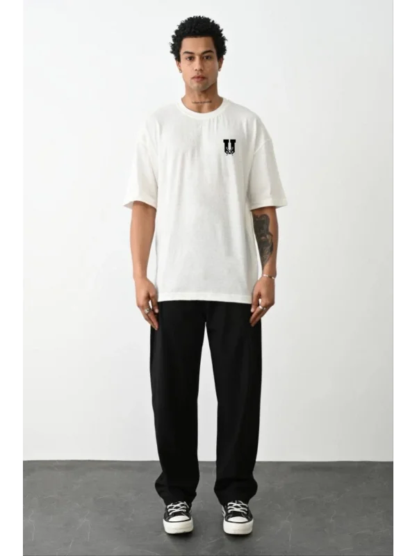Lushiowear Erkek Kısa Kol Yazlık Tişört Bisiklet Yaka Baskılı Oversize T-Shirt - Beyaz