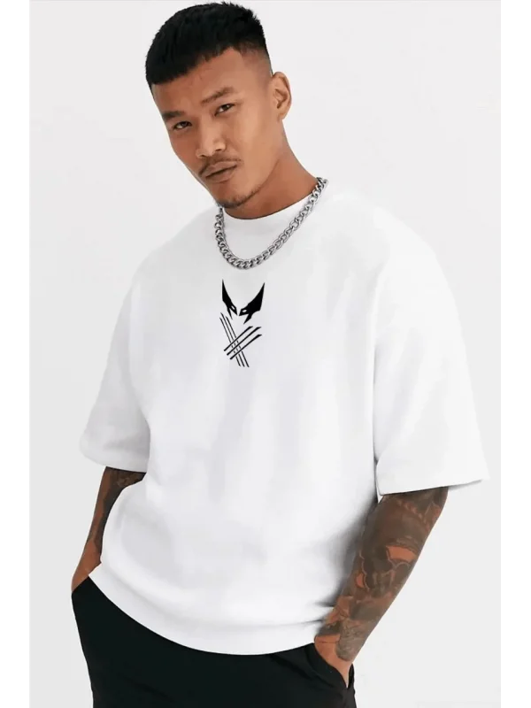 Lushiowear Erkek Kısa Kol Yazlık Tişört Bisiklet Yaka Baskılı Oversize T-Shirt - Beyaz