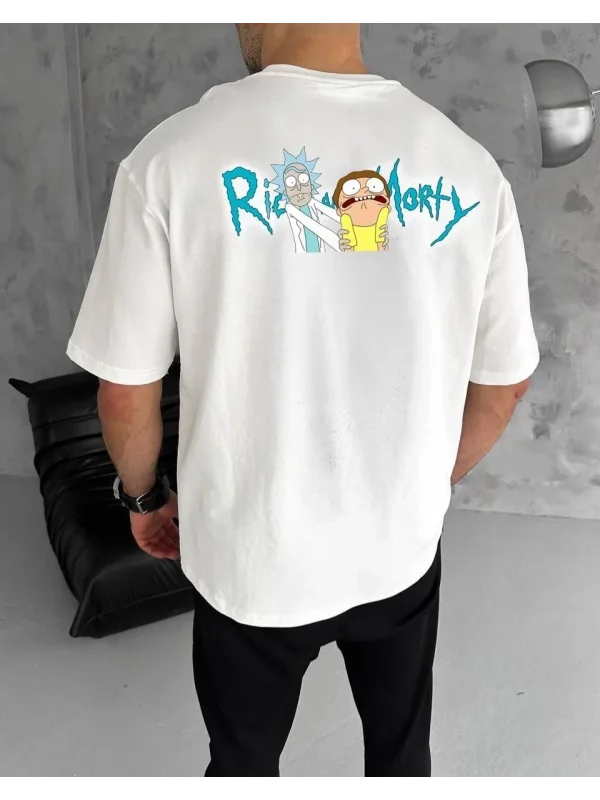 Lushiowear Erkek Kısa Kol Tişört Bisiklet Yaka RİCK AND MORTY Baskılı T-Shirt - Beyaz