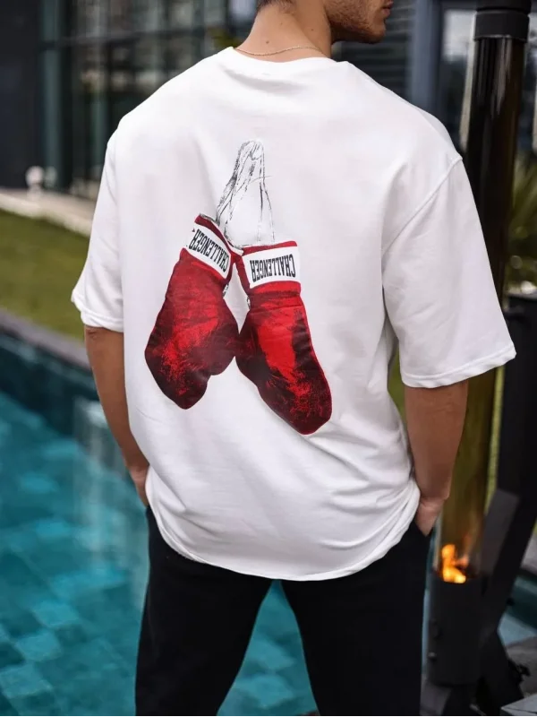 Lushiowear Erkek Kısa Kol Tişört Bisiklet Yaka Boxy Eldiven Baskılı T-Shirt - Beyaz