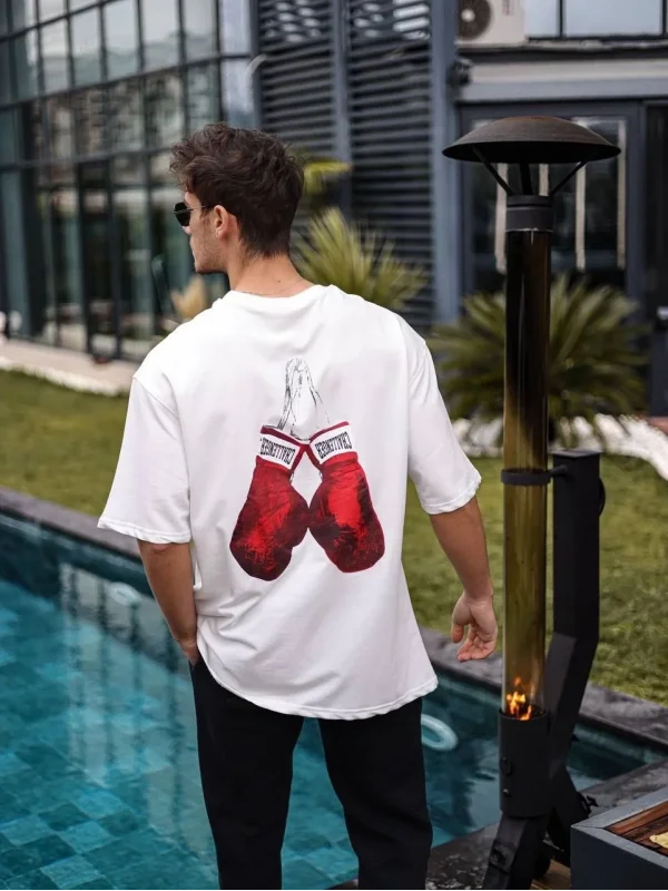 Lushiowear Erkek Kısa Kol Tişört Bisiklet Yaka Boxy Eldiven Baskılı T-Shirt - Beyaz