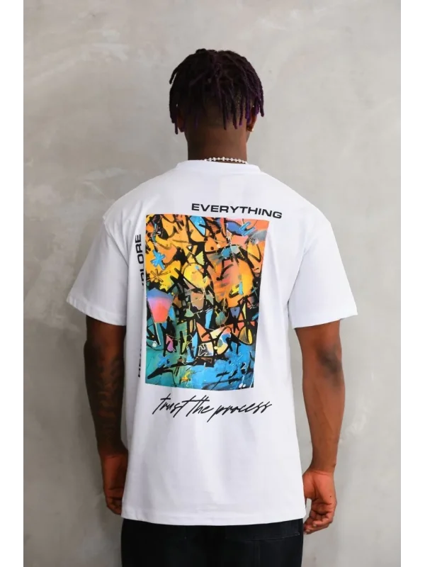 Lushiowear Erkek Bisiklet Yaka Baskılı Oversize T-Shirt - Beyaz