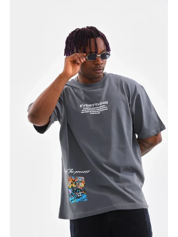 Lushiowear Erkek Tişort  Bisiklet Yaka Baskılı Oversize T-Shirt - Gri