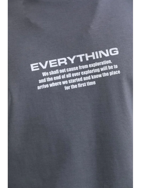 Lushiowear Erkek Tişort  Bisiklet Yaka Baskılı Oversize T-Shirt - Gri