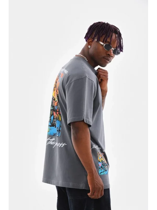 Lushiowear Erkek Tişort  Bisiklet Yaka Baskılı Oversize T-Shirt - Gri