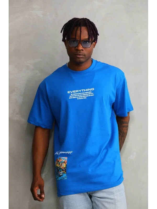 Lushiowear Erkek Bisiklet Yaka Baskılı Oversize T-Shirt - Mavi