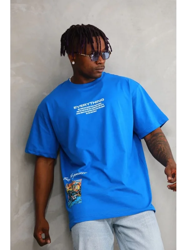 Lushiowear Erkek Bisiklet Yaka Baskılı Oversize T-Shirt - Mavi