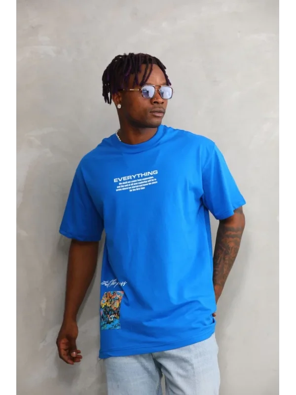 Lushiowear Erkek Bisiklet Yaka Baskılı Oversize T-Shirt - Mavi