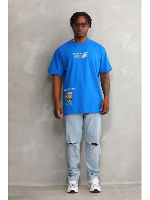 Lushiowear Erkek Bisiklet Yaka Baskılı Oversize T-Shirt - Mavi