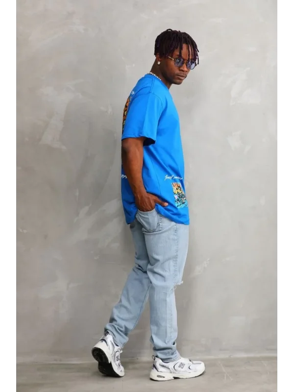 Lushiowear Erkek Bisiklet Yaka Baskılı Oversize T-Shirt - Mavi