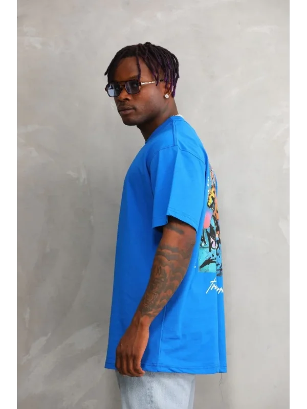 Lushiowear Erkek Bisiklet Yaka Baskılı Oversize T-Shirt - Mavi