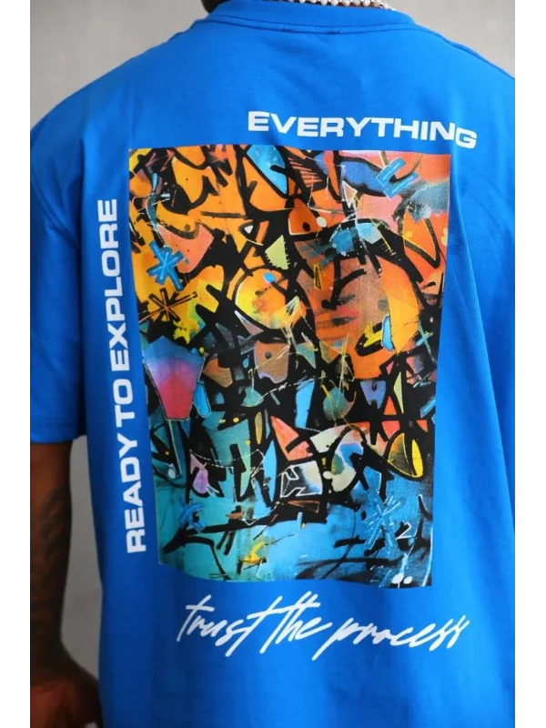 Lushiowear Erkek Bisiklet Yaka Baskılı Oversize T-Shirt - Mavi