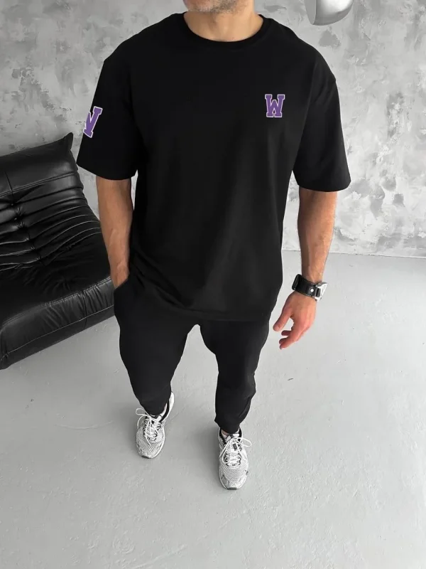 Lushiowear Erkek Kısa Kol Tişört Bisiklet Yaka W Wildone Baskılı T-Shirt - Siyah