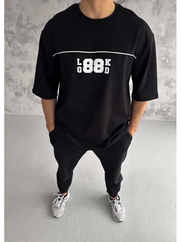 Lushiowear Erkek Kısa Kol Yazlık Tişört Bisiklet Yaka Baskılı Oversize T-Shirt - Siyah