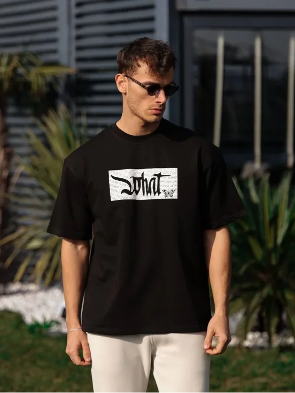 Lushiowear Erkek Kısa Kol Yazlık Tişört Bisiklet Yaka Baskılı Oversize T-Shirt - Siyah