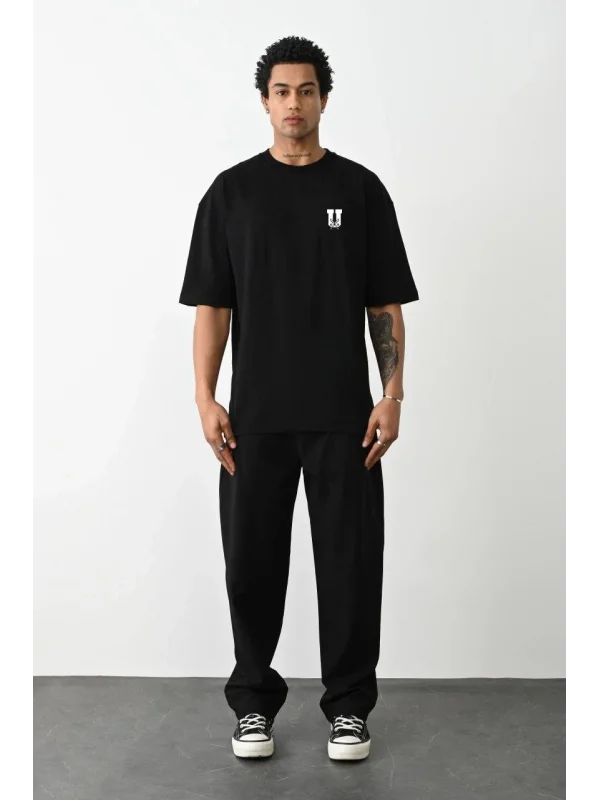 Lushiowear Erkek Kısa Kol Yazlık Tişört Bisiklet Yaka Baskılı Oversize T-Shirt - Siyah