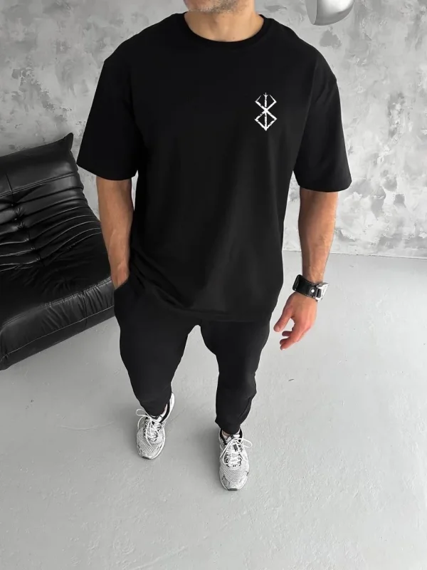 Lushiowear Erkek Kısa Kol Yazlık Tişört Bisiklet Yaka Baskılı Oversize T-Shirt - Siyah