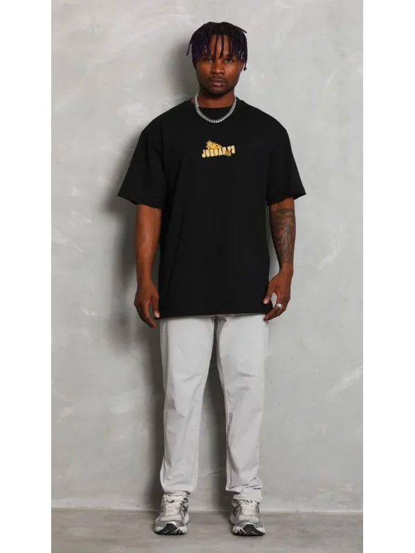 Lushiowear Erkek Kısa Kol Yazlık Tişört Bisiklet Yaka Baskılı Oversize T-Shirt - Siyah