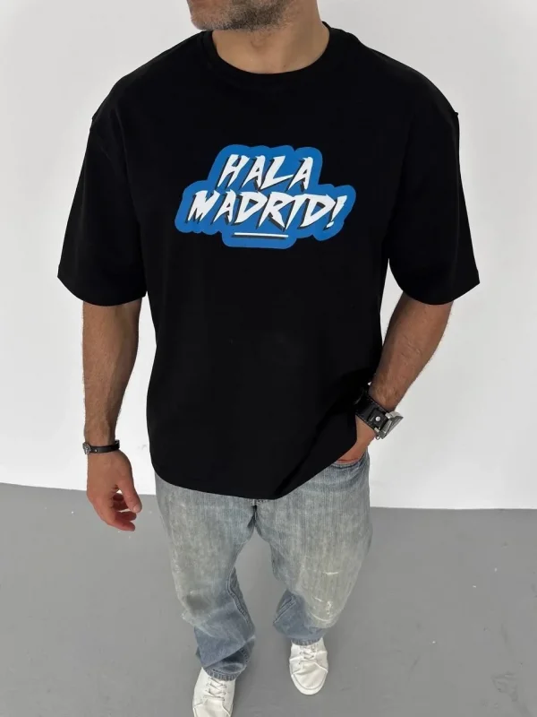 Lushiowear ERKEK Tişört Bisiklet Yaka Baskılı Oversize T-Shirt - Siyah