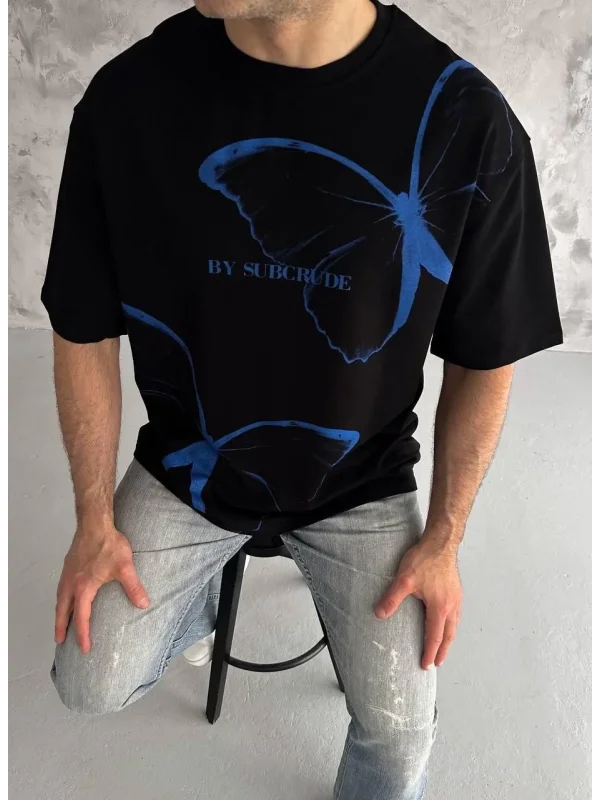 Lushiowear Erkek Kısa Kol Yazlık Tişört Bisiklet Yaka Baskılı Oversize T-Shirt - Siyah