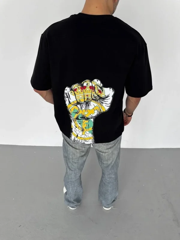 Lushiowear ERKEK Tişört Bisiklet Yaka Baskılı Oversize T-Shirt - Siyah