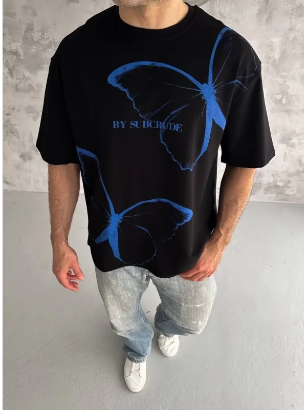 Lushiowear Erkek Kısa Kol Yazlık Tişört Bisiklet Yaka Baskılı Oversize T-Shirt - Siyah