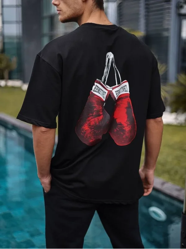 Lushiowear Erkek Kısa Kol Tişört Bisiklet Yaka Box Eldiven Baskılı T-Shirt -  Siyah