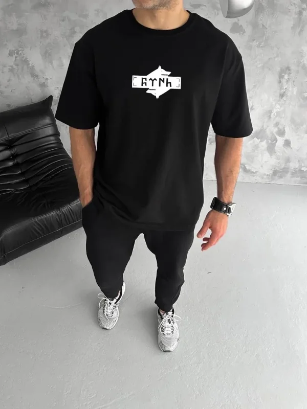 Lushiowear Erkek Kısa Kol Yazlık Tişört Bisiklet Yaka Baskılı Oversize T-Shirt - Siyah