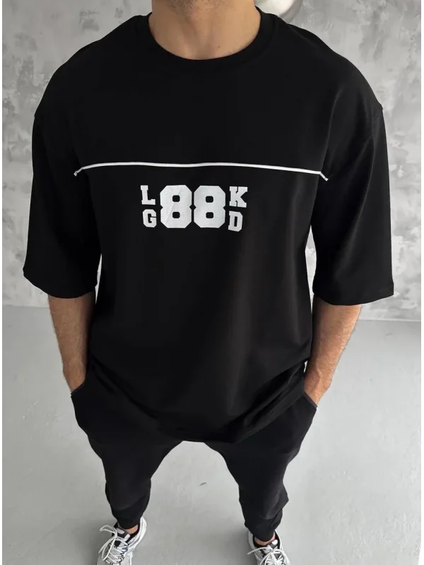 Lushiowear Erkek Kısa Kol Yazlık Tişört Bisiklet Yaka Baskılı Oversize T-Shirt - Siyah