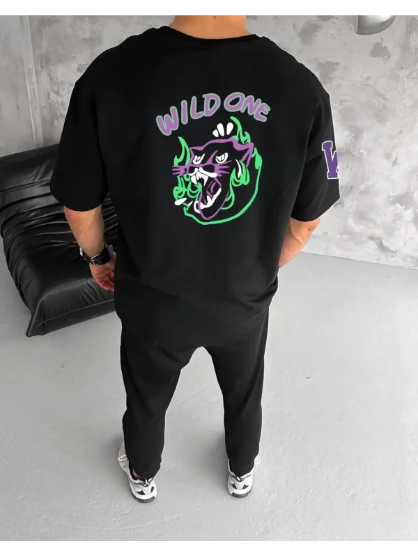 Lushiowear Erkek Kısa Kol Tişört Bisiklet Yaka W Wildone Baskılı T-Shirt - Siyah